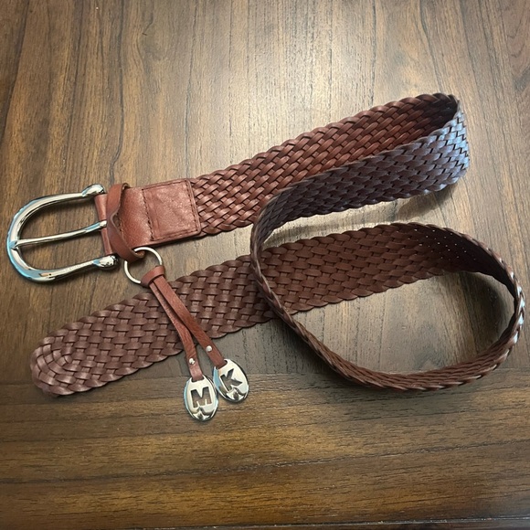 Michael Kors Y2K wide woven genuine Leather Belt Silver Buckle logo tassel XL - Picture 6 of 7